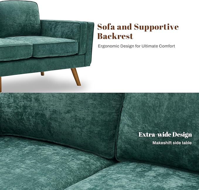Kingfun Living Room Furniture Sets 3 Seater Couch and Armchair Mid Century Modern Sofa Set Chenille Couch with Solid Wood Frame for Living Room &amp Bedroom Green