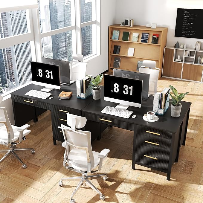 Modern Executive Desk with Drawers: 54 Black Computer Desk with File Drawer Wood Writing Desk with Storage Fluted Home Office Desks for Living Room