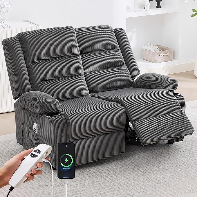 52Inch Power Loveseat ReclinerElectric Reclining Loveseat SofaAdjustable Love seat Recliner Sofa for Living RoomBedroom with Charging Ports(Striped Gray loveseat)