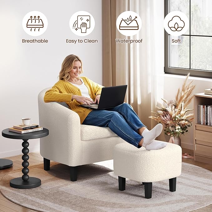 Yaheetech Accent Chair and Ottoman Set Modern Fuzzy Sherpa Barrel Chair and Footrest Comfy Boucle Armchair and Footstool for Living Room/Bedroom/Reading Room/Guestroom Ivory