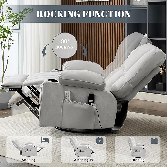 Oversized Recliner Chairs for Adults 270° Swivel Rocker Recliner with Heat and Massage Lazy Boy ReclinerRecliner Chairs Single Sofa Seat with Cup Holders (LightGreyElectric)