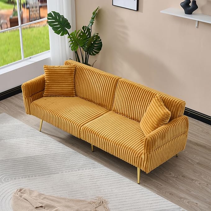 Convertible Sofa Bed Futon Couch Bed with Adjustable Arms and Backrest Modern Love Sofa with Gold Metal Legs for Living Room Bedroom (Corduroy Fabric in Yellow 79 Wx29.33 Dx27.6 H)
