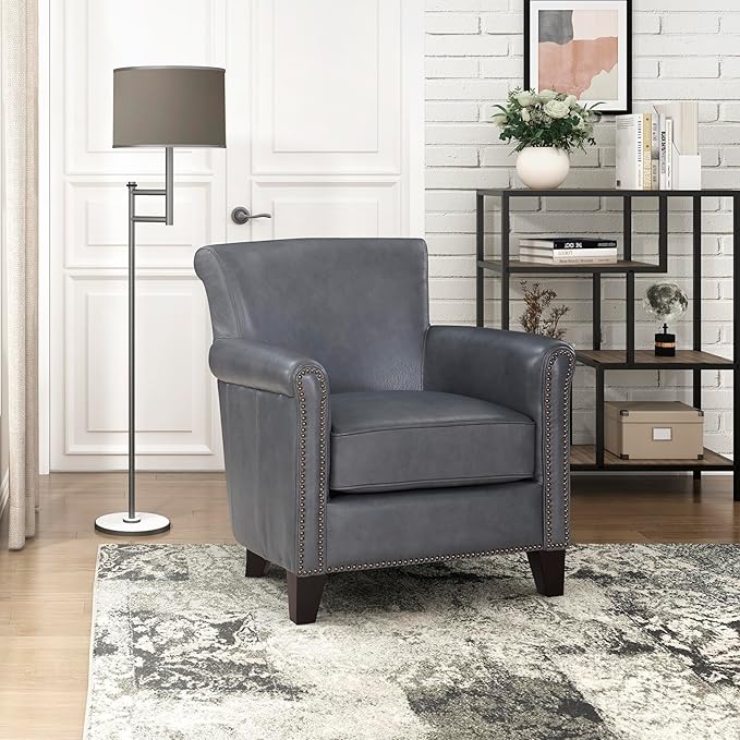 Lexicon 100% Top Grain Genuine Leather Chair Leather Accent Chairs for Living Room Solid Wood Frame Rolled Armrest &amp Nailhead Trim Comfy Reading for Bedroom Office Waiting Room Burnish Gray