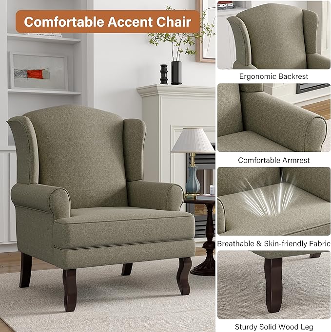 High Back Accent Chairs Set of 2 Comfy Upholstered Fabric Armchair for Living Room Mid Century Modern Club Accent Chair with Solid Wood Legs Single Sofa Reading Chair for Bedroom Light Camel