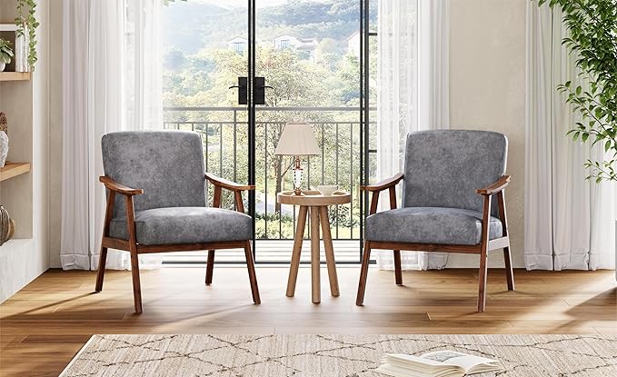 Mid Century Accent Chair Boho Farmhouse Accent Chairs for Living Room Retro Single Lounge Reading Armchair with Solid Wood Frame (Polyester Fabric in Grey)