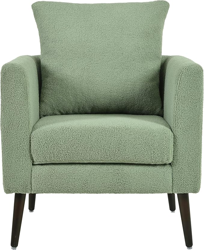 Modern Upholstered Accent Chair Mid-Century Lounge Armchair with Pillow Comfy Reading Side Accent Chairs Single Sofa Chair with Wood Legs for Living Room Bedroom (Green++Teddy)