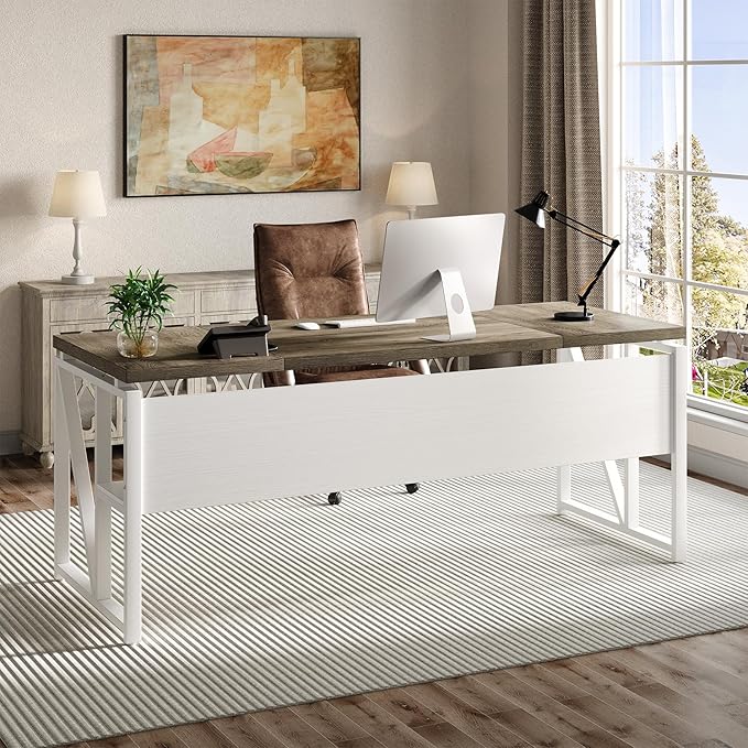 LITTLE TREE 63-Inch Executive Office Desk Large Computer Desk with Storage Shelf Executive Desk with Metal Frame Thickened Desktop Study Writing Desk Work Station for Home Office Grey + White