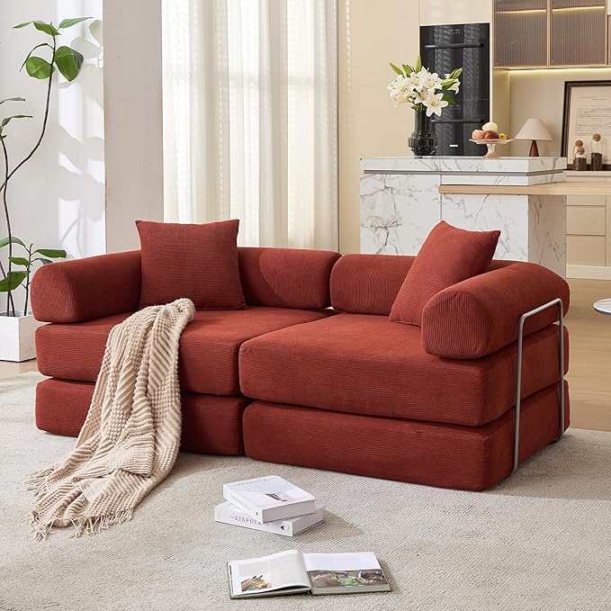 73 Convertible Sleeper Sofa Bed with Fixed-Shape Frame Corduroy Modular Folding Loveseat Couch with 2 Pillows Modern Floor Sofa Couch for Living Room No Assembly Red