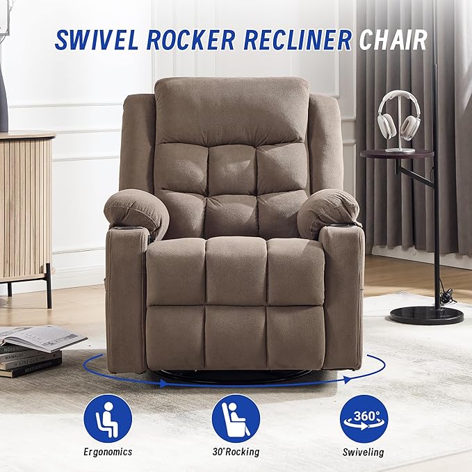 Swivel Recliner Chair for Adults with Massage and HeatManual Glider Rocking Recliner Chair with Cup Holds and PocketsReclining Rocker Chairs for Living Room R8817 (Coffee)