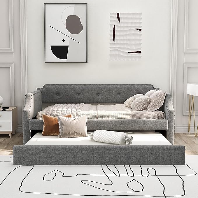 Flieks Twin Upholstered Daybed Linen Fabric Upholstered Tufted Sofa Bed with TrundleSofa Bed Trundle Daybed with Wood FrameGray