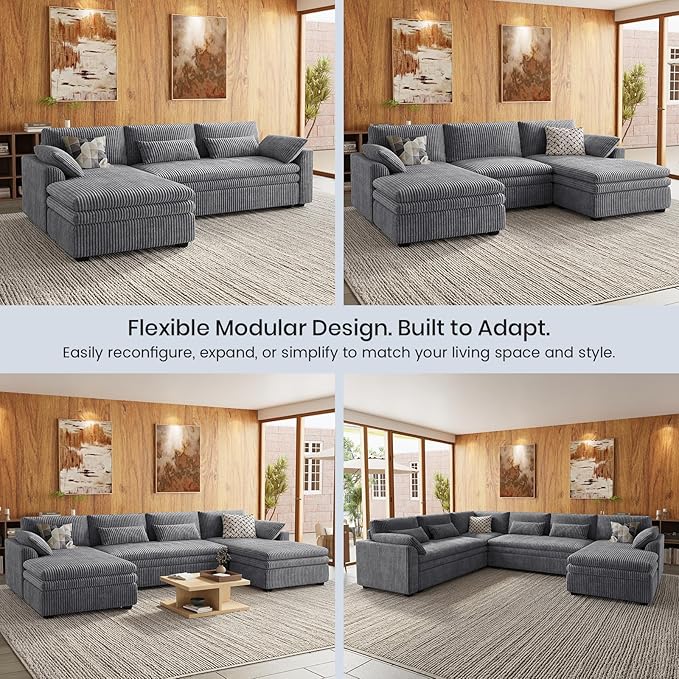 Belffin Chaise Module for Large Modular Sectional Sofa Upholstered Left-Facing Chaise Part for Plush Corduroy Sectional Couches for Living Room Apartment Light Grey