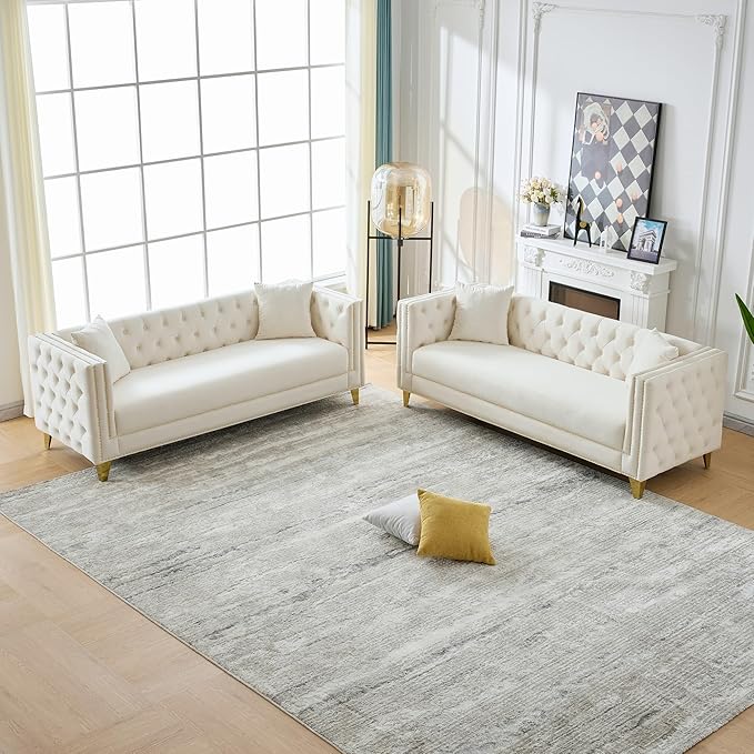 DEINPPA 2 Piece Chesterfield Couch Sets Velvet 3 Seater Sofa Set with Throw Pillows Comfy Couch with Nailhead Trim and Metal Legs for Living Room/Apartment/Office-Beige