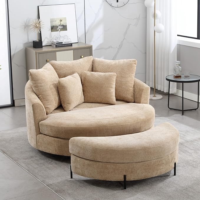 Aoiy &amp Wifon 59.8 W Oversized Barrel Chair with Ottoman Round Chair with Ottoman Extra Large Living Room Chair Set with Wheels Knitted Chenille Wheat