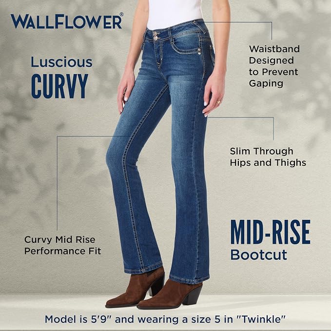 WallFlower Luscious Curvy Bootcut Jeans for Women Mid-Rise Insta Stretch Denim Size-Inclusive Juniors Jeans