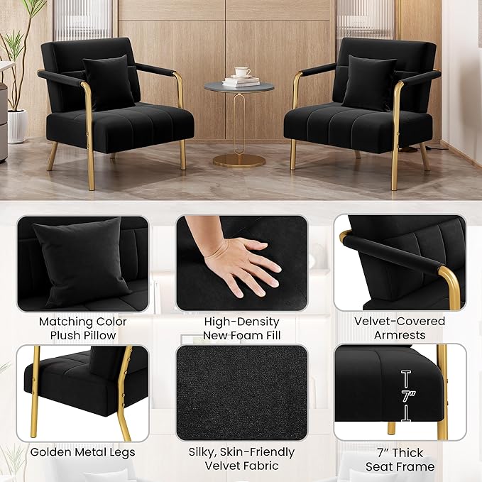 Yaheetech 30 W Modern Sofa Small Sofa Luxurious Velvet Fabric Couch with Gold-Tone Metal Arms and Legs for Living Room Home Office Studio Black