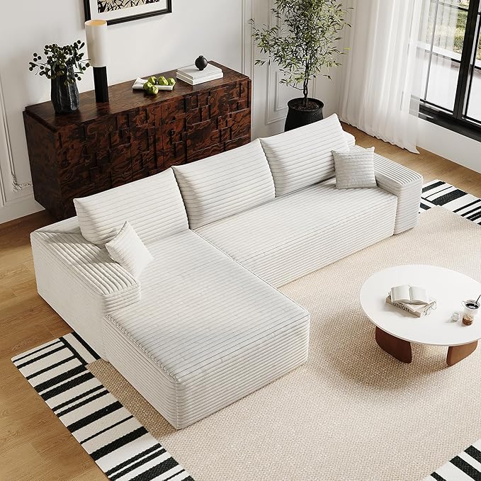 107 Cloud Sectional Couch with L-Shape Chaise Modern Modular Sofa with Deep Seat Corduroy Upholstered Couches for Living Room BedroomNo Assembly Required(White Left Facing)