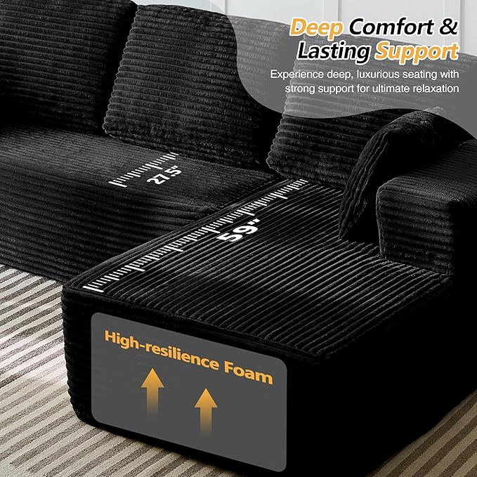 104 L-Shaped Cloud Sectional Sofa with Oversized Chaise Modular 3-Seater Corduroy Couch for Living Room &amp Bedroom Deep Seat No Assembly Required (Black L Shape with Right FacingChaise)