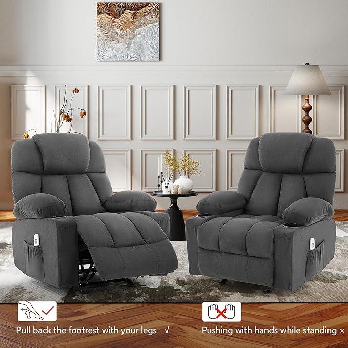 Massage Rocker Recliner Chair Ergonomic Rocking Recliner Sofa with Vibration Massage &amp Heat Reclining Fabric Nursery Chair for Living Room Lounge with 4 Pockets 2 Cup Holders Black
