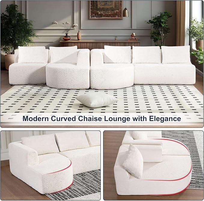 144 Oversized Sectional Sofa with Chaise Lounge Boneless Couches for Living Room Modern Luxury Chenille 5-Seater Sofa Deep Seat U-Shape Curved Cloud Couch No Assembly Required (White)