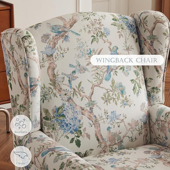 MELLCOM Floral Accent Chair High Back Upholstered Armchair with Solid Legs Leisure Single Sofa Chair for Living Room Bedroom Home Office Light Blue Floral&ampBird