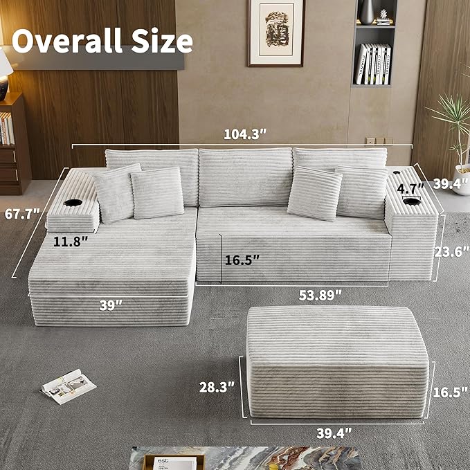 104.3 Modular Sectional Sofa with Ottoman Beige Boneless Couch Left Facing Chaise U Shaped Couches with USB Ports 2 Cup Holders 2 Storage Bags &amp Lint Remover No Assembly Sectional Couch