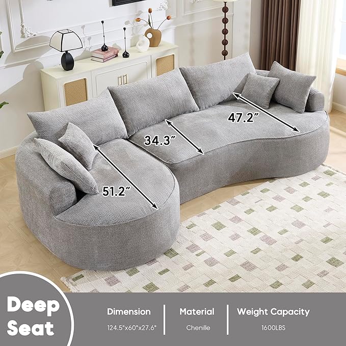 124.5 Oversized Curved Boneless Couches for Living Room Chenille Sectional Sofa with 7 Pillows L-Shape Boneless Couch with Deep Seat High-Density Memory Foam No Assembly Required (Grey)