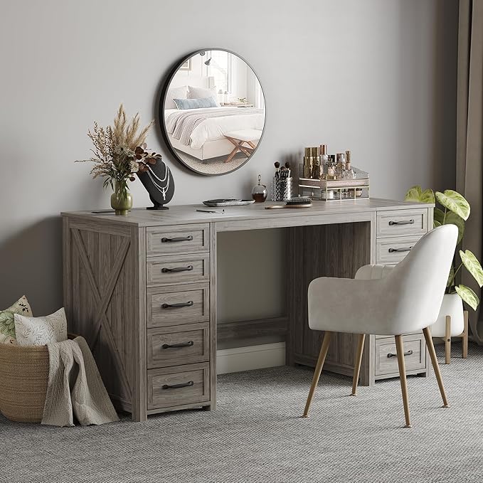 WOPITUES 60 Farmhouse Home Office Desk with 10 Wooden Drawers Rustic Computer Writing Desk with Power Outlets Large Executive Desk with Storage Cabinet for Work Study Writing Craft Gray