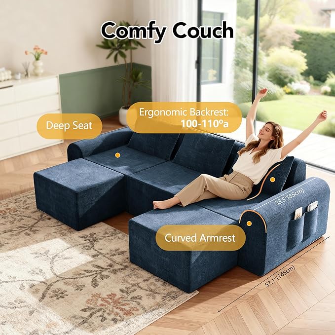 86.6 Cloud Boneless Sectional Sofa for Living Room 3-Seater Modular Couch for Small Apartments with 2 Ottomans Deep Seat Chenille Fabric Sofa No Assembly Required 72H Full Restore Blue