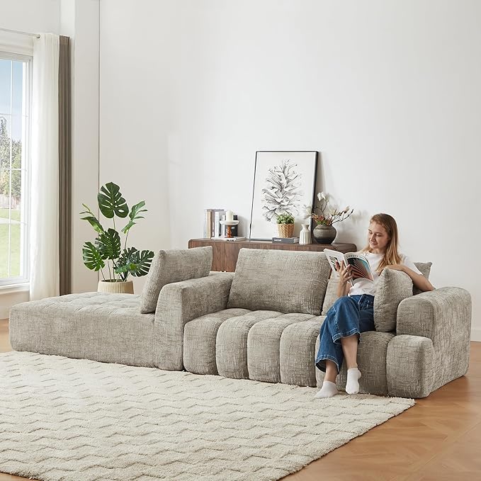 108 L-Shaped Sectional Sofa Compressed Boneless Cloud Couch with Left Chaise &amp Pillows Chenille Upholstered 4-Seater Modular Sofa for Living Room No Assembly Cream Khaki