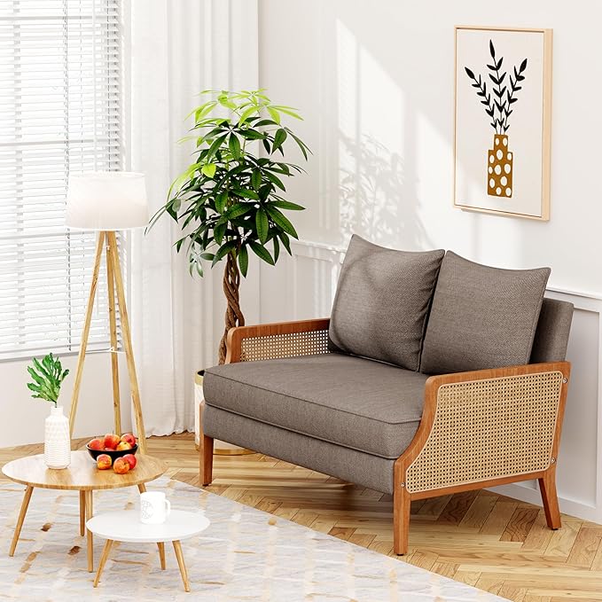 Loveseat Sofa Couches with Rattan Arms and Pillows for Living Dining Room Bedroom Office Entryway Small Spaces Taupe