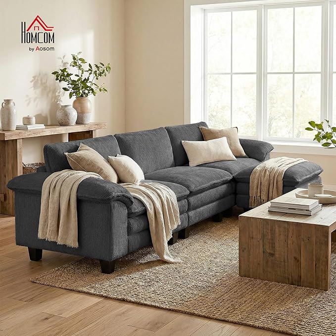 HOMCOM Modular Sectional Sofa Couch 124 Oversized L Shape Sectional Cloud Couch with Deep Seat Movable Ottoman and Pillow-top Armrests for Living Room Bedroom and Apartment Dark Gray | Deep seat