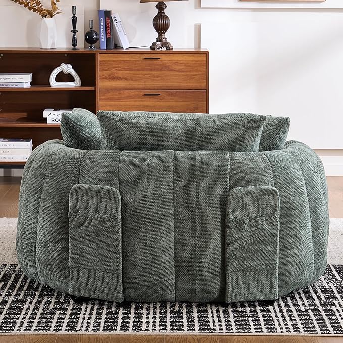 Oversized Chaise Lounge Indoor Deep Seat Boneless Sofa Bed with Throw Pillows Plush Chenille Fabric No Assembly Required Comfy Sleeper Sofa for Living Room Bedroom (Green with Pocket)