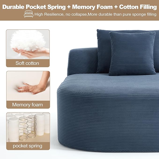 Boneless CouchComfy Fluffy Sofa BedUpholstered Sleeper Sofa with Throw Pillows and ArmrestsCorduroy Plush Cloud Lounge Chair (Blue 67 Chaise Lounge Chair)