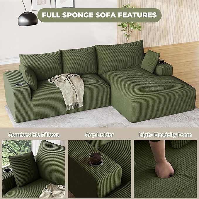 113 Modular Sectional Sofa Cloud Couch Modern Deep Seat Fluffy Corduroy Boneless Couch with Cup Holder Comfy L Shaped Sectional Couches for Living Room Bedroom. (Right Facing Olive Green)