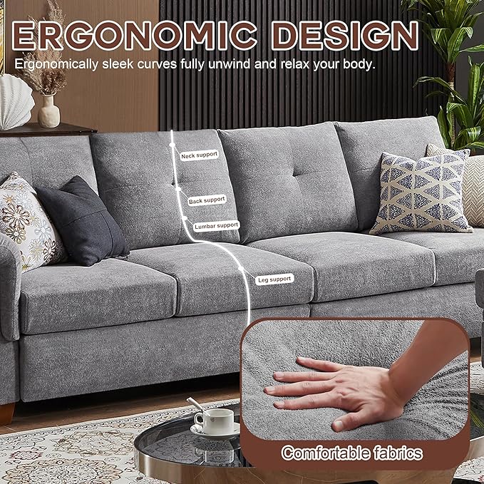 109 Convertible Sectional Sofa Modern Microfibe L Shaped Couch with Storage Chaise and Cup Holder 4 Seat Sofa Couches with Extra Headrests for Living Room Apartment Light Grey