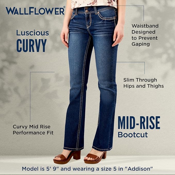 WallFlower Luscious Curvy Bootcut Jeans for Women Mid-Rise Insta Stretch Denim Size-Inclusive Juniors Jeans