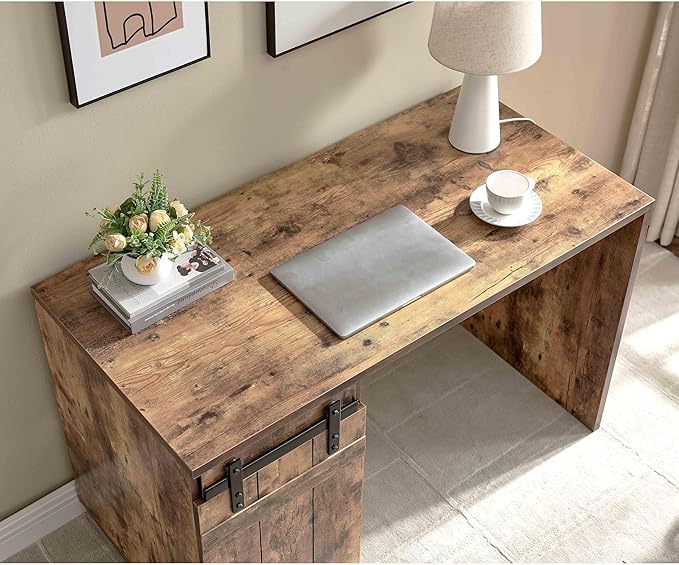 Home Office Desk Distressed Wood One Cabinet Three Shelves Faux Barn Door on Metal Euro Hinges Modesty Panel