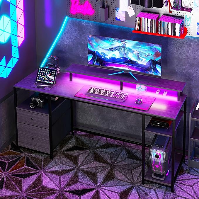 61 Computer Desk with LED Lights Power Outlets and USB Ports Gaming Desk with Storage Shelves Monitor Stand Fabric Drawers Remote for Home Office Study Distressed Black