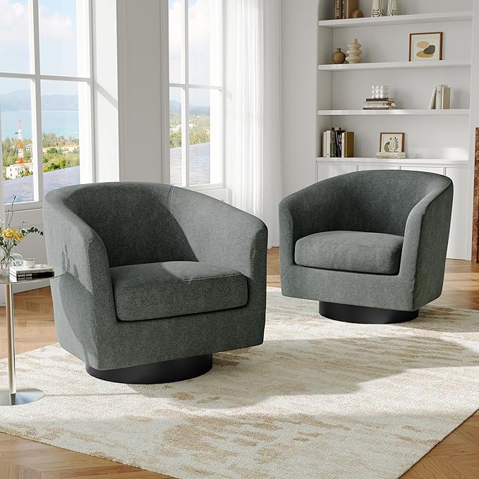 Swivel Barrel Accent Chair Modern Round Chenille Fabric Arm Chair for Living Room Bedroom Comfy Club Reading Chairs for Adults（Chenille Fabric Grey Set of 2