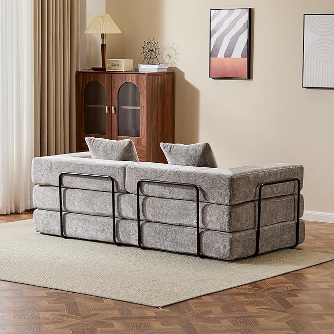 Folding Convertible Sofa Bed 4-in-1 Boneless Couch Sleeper Sofa 76.8'' Chenille Foldable Mattress Couch with Fixed-Shape Frame Floor Sofas Modular Futon Couches for Living Room Light Grey