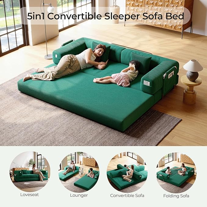 5-in-1 Folding Convertible Sofa Bed Loveseat Sleeper with Pull-Out Bed Floor Sofa Modular Futon Couch 79 Oversized Corduroy Upholstered Boneless Couch for Living Room Bedroom Lounge Green—A