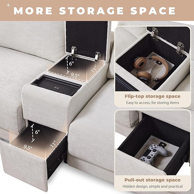 124'' Modular Sectional Sofa with Storage Console and Movable Ottoman 33'' Wide Seat 4 Seat L Shaped Chenille Couch Reversible Comfy Sofa with USB Charger for Living RoomApartment (Beige-K003)