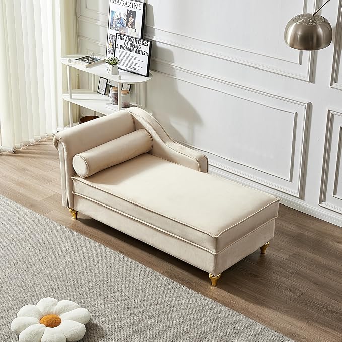 60.6 Velvet Chaise Lounge Sleeper Sofa with Large Hidden Storage &amp Lumbar Pillow Upholstery Tufted Lounge Chair Indoor with Gold Metal Legs &amp Armrest Reclining Sofa Chair for Living RoomBe