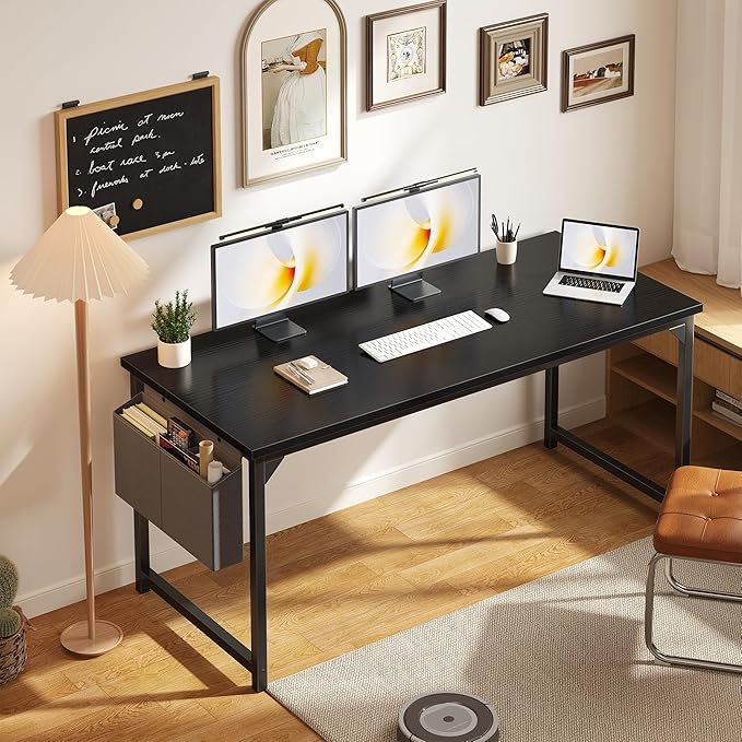 OLIXIS Computer Desk 63 Inch Home Office Desks for Small Spaces Gaming Writing Study Work Table with Storage Bag for Bedroom Black