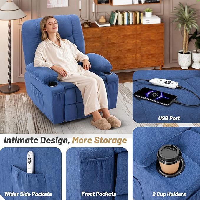 Rocker Recliner Chair with Massage and Heat Nursery Rocking Chairs for Living Room Recliner Chair for Adults Ergonomic Comfy Relining Chair with Cup Holders USB Charge Port Side Pockets Blue