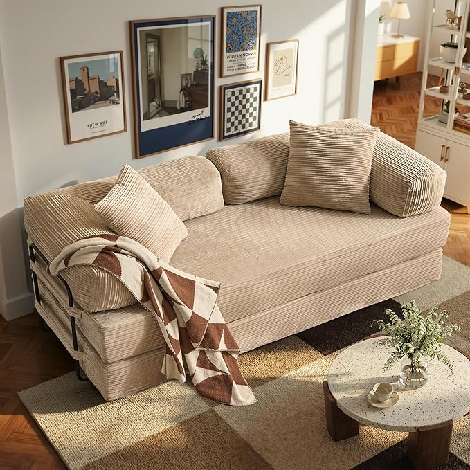 4-in-1 Folding Sofa Bed 78 Oversized Corduroy Sleeper Chair Convertible Loveseat to Floor Bed with Storage Pockets Boneless Design for Living Room Bedroom &amp Small Spaces