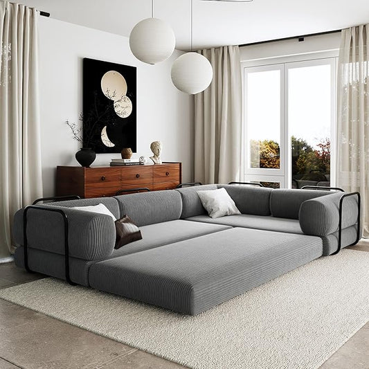 Merax L-Shaped Modular Sofa Bed in Corduroy Fabric Convertible Sleeper Sofa Bed 4 Seat Floor Couch for Living Rooms and Apartments No Assembly Required Gray