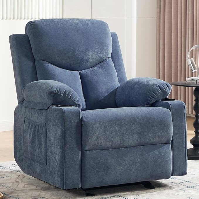 Manual Rocker Recliner Chair for Adults with Vibration MassageGlider Rocking Recliner Chairs for Living Room Bedroom Overstuffed Reclining Sofa Chair with Pockets and Cup Holds (Blue)