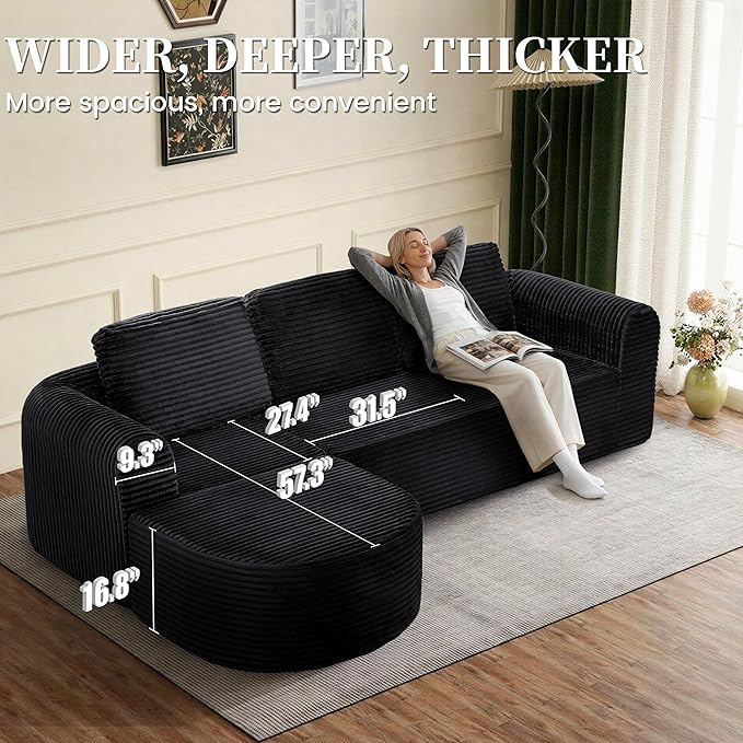 108” Modular Sectional Sofa Boneless Couches for Living Room Deep Seat L-Shape Cloud Couch with ChaiseComfy Sofa Freely Change Configurations No Assembly RequiredSoft Plush Corduroy Fabric(Black)