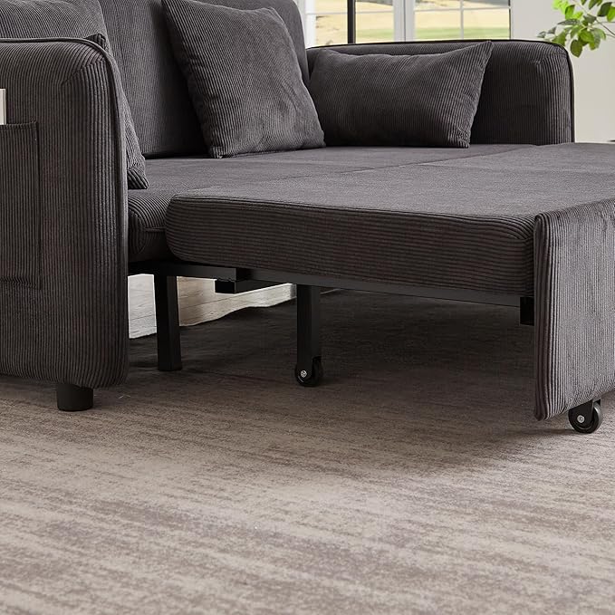 Ball &amp Cast 66 Convertible Sofa Bed3-in-1 Corduroy Loveseat Sleeper Pull Out Couch Bed with Pillows and Side Pockets Deep Seat Comfy Sofa Couches for Living RoomApartmentDark Grey